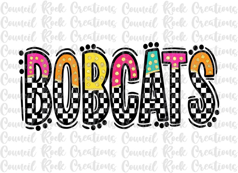 Bobcats Png, Checkered, Bright Doodle Letters, Glitter Gold Dots ...