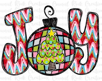 May include: A red, pink, and blue chevron patterned word "JOY" with a Christmas ornament in the center. The ornament is a colorful patchwork design with a green Christmas tree inside.