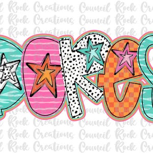 May include: A colorful graphic design with the word "DOKES" in a bold, playful font. The letters are decorated with different patterns, including stripes, polka dots, and checkered designs. Each letter has a star shape in the center.