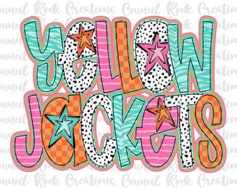 May include: A colourful graphic design featuring the text "Yellow Jackets" in a variety of fonts and patterns. The text is surrounded by stars and stripes.