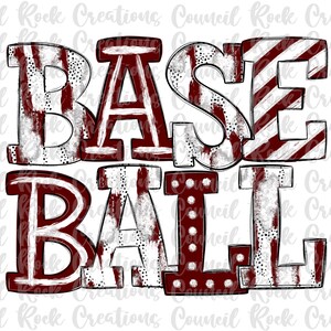 May include: White and red distressed graphic design with the word "BASEBALL" in large letters. The letters have a white background with red stripes and dots.