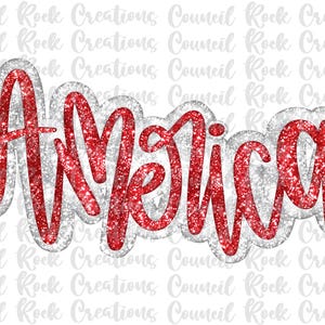 May include: A red glittery word "America" with a silver outline, set against a white background. The word is in a cursive font, with a sparkling texture. The design is a patriotic theme.