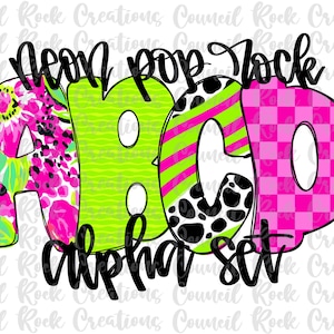 Conjunto Alfa de Pop Rock Neon PNG, Letras Rabiscadas, Letras à Mão, Flores Brilhantes, Xadrez, 4 Padrões, Alfabeto