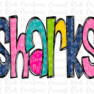 Sharks PNG, Colorful Preppy Sketchy , School Spirit, Team Spirit, Digital File, Sublimation Download, DTF