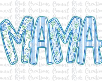 Mama  png, Blue Floral, Stripes, Hand Lettered, Mothers Day, Digital File, Sublimation, DTF