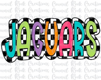 May include: A colourful word art design with the word "JAGUARS" in a chequered pattern. The letters are outlined in black and filled with different colours, including turquoise, green, purple, orange, pink, and light green.