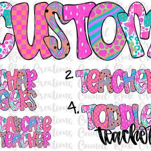 CUSTOM Made to Order Digital Png File, Funky and Fun, Hand Lettered Doodle, Flowers, Checkered, Mascots, Names, Occupations