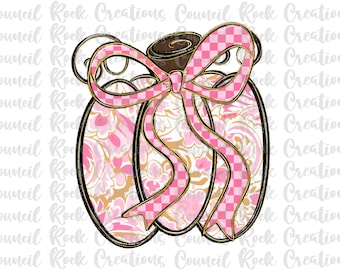May include: A decorative pumpkin design with a pink and white floral pattern, a brown stem, and a pink checkered bow. The pumpkin has a black outline and gold accents. The words "Council Rock Creations" are in the background.