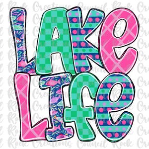 May include: A colorful graphic design with the words "LAKE LIFE" in large, bold letters. The letters are decorated with various patterns, including checkered, polka dot, and striped designs. The colors used are pink, blue, green, and white.
