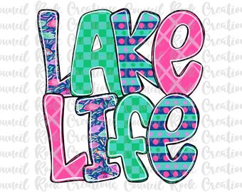 Lake Life PNG, Colorful Fish, Checkered, Summer, Hand Lettered, Digital File, Sublimation Download, DTF
