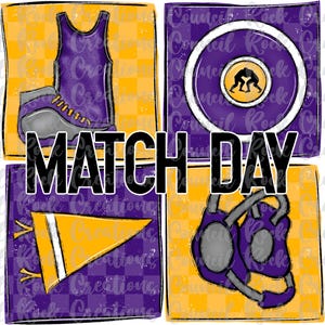 Op de afbeelding: Een digitale illustratie van een worstelwedstrijd dag. De afbeelding toont een worstelpak, een worstelmat, een worstelfluitje en een worstelhoofddeksel. De tekst "MATCH DAY" is geschreven in zwarte letters op een paarse en gele achtergrond.
