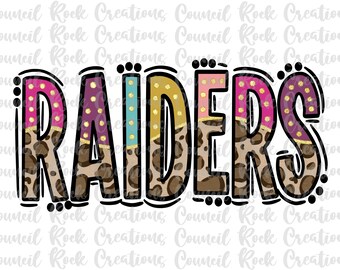 Raiders png, Cheetah, Colorful Doodle Letters, Glitter Gold Dots, Mascot, School Spirit, Team Spirit, Digital File, Sublimation, DTF