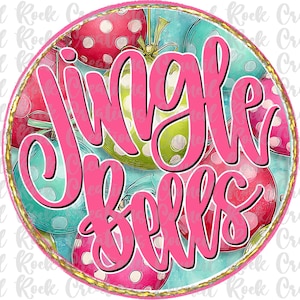 May include: Round Christmas-themed design with the words "Jingle Bells" in bright pink script. The background features colorful ornaments in red, green, and blue with white polka dots. A gold border frames the design.