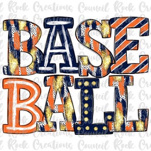 May include: Baseball text graphic in orange, navy blue, and gold. The word "BASEBALL" is displayed in a bold, stylized font with a mix of patterns, including stripes and leopard print.
