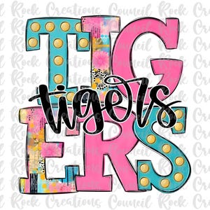 May include: A colorful graphic design with the word "TIGERS" in large, bold letters. The letters are decorated with polka dots and abstract patterns. The word "tigers" is written in black script below the letters.