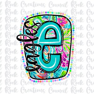 May include: A turquoise letter E with a black outline, surrounded by a colorful paisley pattern. The word "eagles" is written in black script to the left of the letter. The letter and word are surrounded by a border of colorful dots.