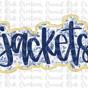 May include: A blue and white floral design with gold glitter accents surrounds the word "jackets" in a navy blue script font.