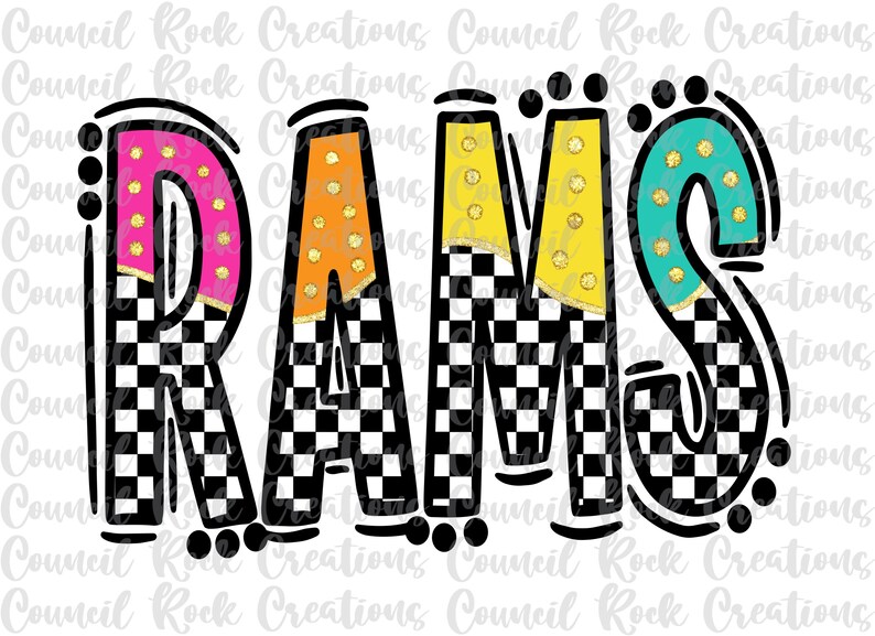 Rams Png, Checkered, Bright Doodle Letters, Glitter Gold Dots, Mascot