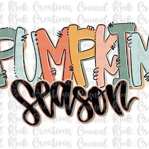 Peut inclure: Graphique color&eacute; avec les mots "PUMPKIN SEASON" dans une police fantaisiste. Le mot "PUMPKIN" est en orange, vert et rose, tandis que "SEASON" est en noir. Le design a un th&egrave;me automnal.