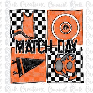 Op de afbeelding: Een digitale illustratie van een worstelwedstrijd met een zwart-wit geruite achtergrond, een worstelpak, een worstelmat en een worstelhoofddeksel. De tekst "MATCH DAY" staat in zwarte letters op een oranje achtergrond.