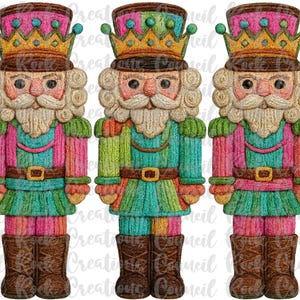 May include: Three colorful nutcracker figures with crowns, beards, and boots. The nutcrackers are dressed in shades of pink, green, and brown, with gold accents. The image is a digital illustration, perfect for holiday decor or crafts.