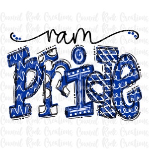May include: A blue and white patterned design with the word "mam" and the word "pride" in a bold, handwritten style.