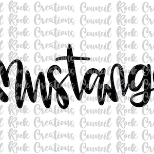 May include: Black and white graphic design of the word "Mustangs" in a stylized, handwritten font.