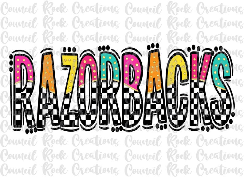 Razorbacks Png, Checkered, Bright Doodle Letters, Glitter Gold Dots