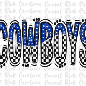 Vaqueros png, cuadros, letras garabatas, puntos dorados brillantes, mascota, espíritu escolar, espíritu de equipo, archivo digital, sublimación, DTF
