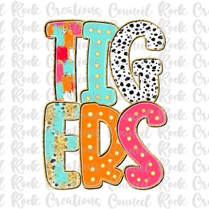 Tigers png, Colorful, Brushstrokes , Dalmatian Dots, Glitter, Mascot, School Spirit, Team Spirit, Digital File, Sublimation Download, DTF