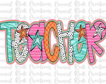 Teacher png, Colorful, Checkered, Zebra Print, Dalmatian Dots, Hand Lettered, School, Digital File, Sublimation, DTF