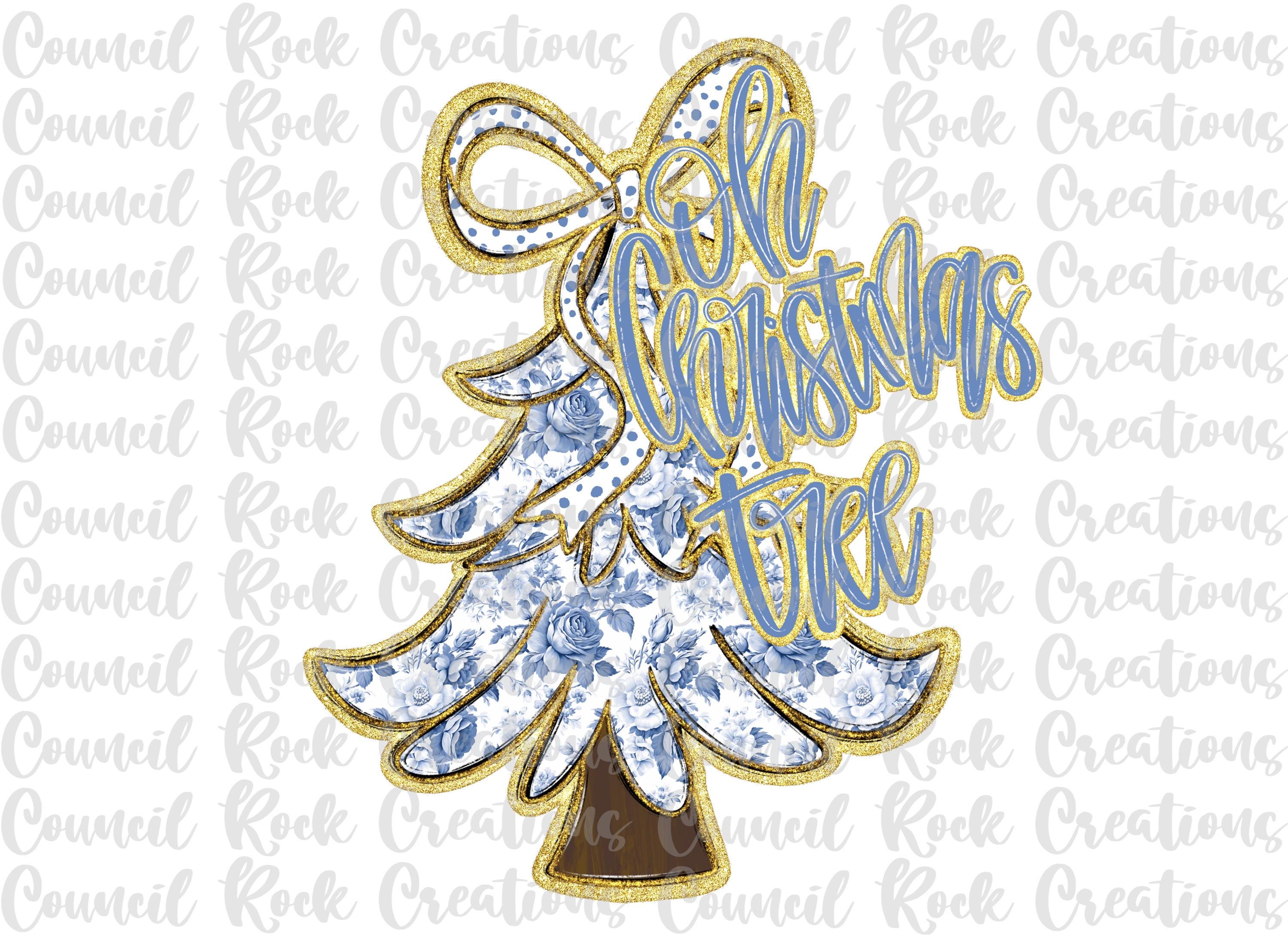 Oh Christmas Tree PNG, Blue Floral, Dalmatian Dots, Glitter, Foil, Hand Lettered, Holidays, Digital File, Sublimation Download, DTF