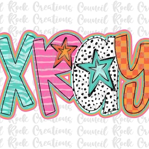 May include: A colorful graphic design with the word "XRY" in a bold, playful font. The letters are decorated with different patterns, including stripes, polka dots, and animal print. Each letter has a star behind it, with a turquoise star in the center.