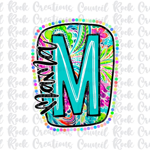 Mama M scribble Letter PNG,  Bright Paisley Floral Background, DTF, Sublimation, Digital File, Mothers Day