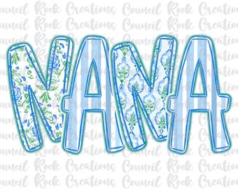 Nana Png, Blue Floral, Stripes, Hand Lettered, Mothers Day