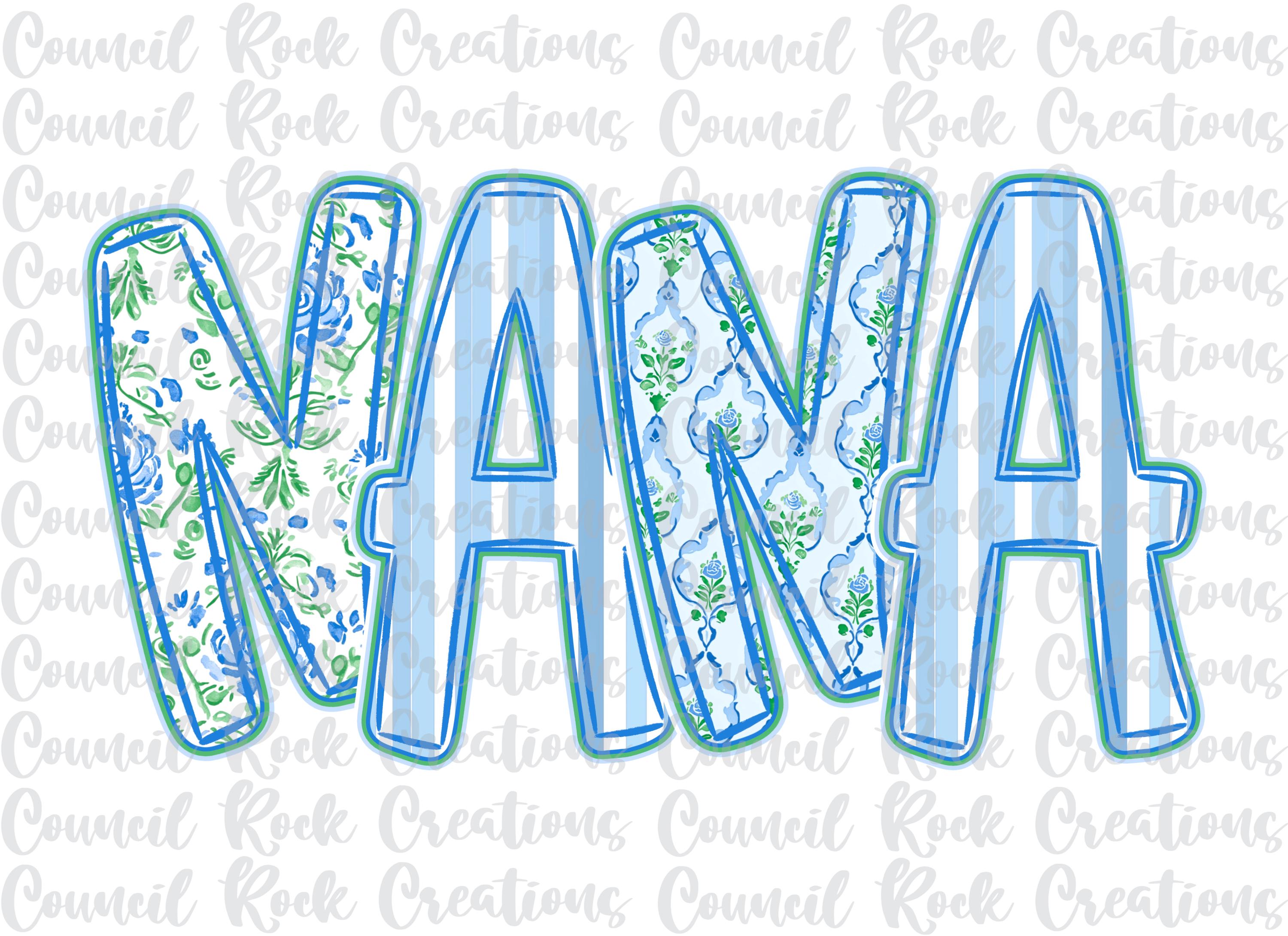 Nana Png, Blue Floral, Stripes, Hand Lettered, Mothers Day