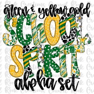 Conjunto Alfa do Espírito Escolar PNG, Verde e Amarelo Dourado, Letras Rabiscadas, Letras à Mão, 6 Padrões, Alfabeto