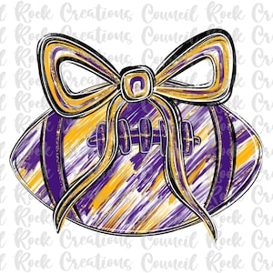 May include: A digital illustration of a football with a bow. The football is purple and gold with a brushstroke design. The bow is gold and black. The text "Council Rock Creations" is in the background.