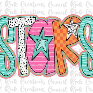 Estrelas png, Colorido, Xadrez, Estampa de zebra, Pontos dálmatas, Letras à mão, Espírito escolar, Mascote, Arquivo digital, Sublimação, DTF