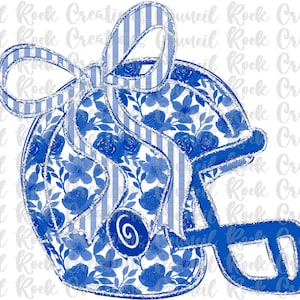 May include: A blue and white floral football helmet design with a striped bow. The helmet features a floral pattern in blue and white, with a solid blue outline and accents. The text "Council Rock Creations" is repeated around the image.