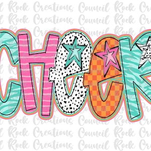 May include: A colorful graphic design of the word "CHEER" with a variety of patterns and stars. The letters are outlined in black and have a variety of colors, including pink, blue, orange, and white.