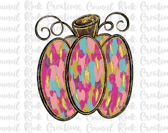 May include: A pink, blue, and gold patterned pumpkin with a black outline and a gold stem. The pumpkin is a digital illustration.