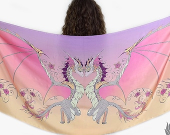 Cute Sunset Dragons Silk Scarf - Fairy dragon love, Romantic, Festival accessory, Fairytale wedding, Magical Guardian, Pink roses, Big wings