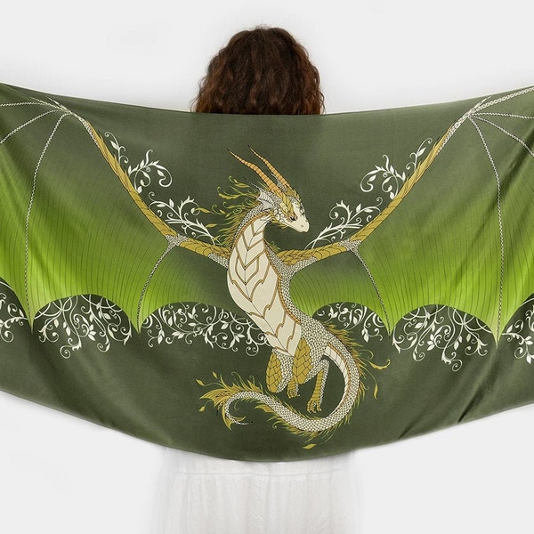 Olive green dragon viscose scarf - Magical guardian, Mystical creature shawl, Fantasy accessory, Cute earth dragons, Big bat wings, Floral