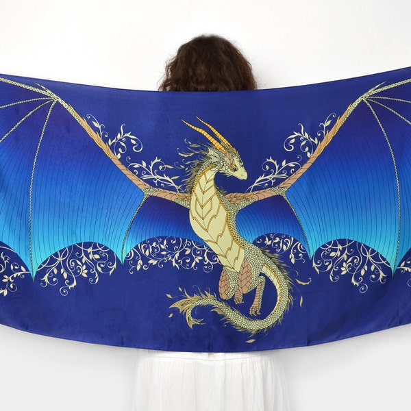 Blue dragon wings silk scarf - Magical guardian wings, Festival accessory, Fantasy shawl, Mystical sea creature, Fairy wedding, Medieval