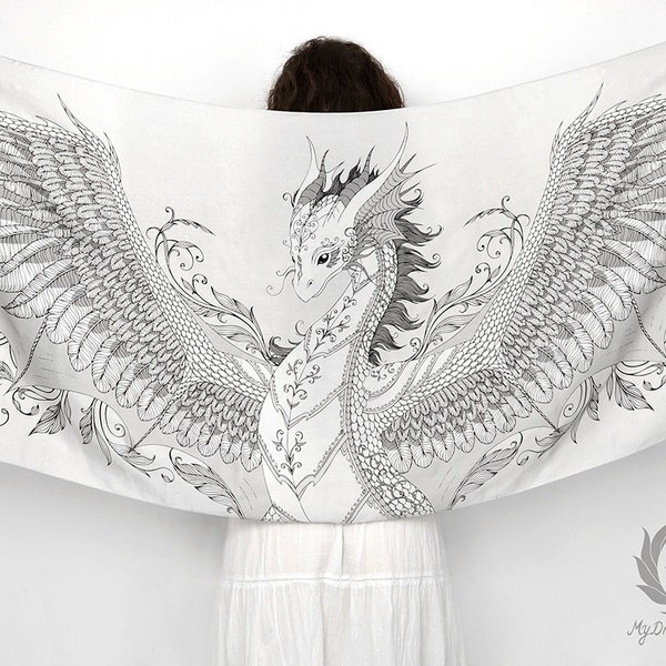 Silver white phoenix dragon silk scarf - Fantasy shawl, Feathered dragons, Princess guardian, Fairy tale wedding, Air element, Big wings