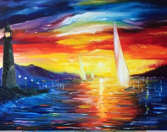 夕日の港 - 帆船 - アメリカのアーティスト、グレッグ・ギルリースによる夕日の油絵