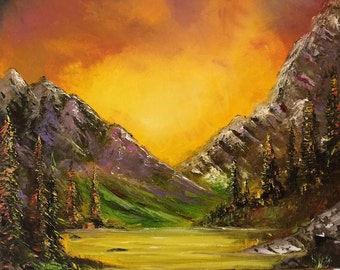 mountain oil painting - autumn- lake - wall art - "Watch  towers" - By artist Greg Gilreath
