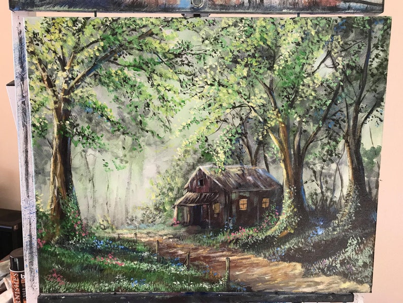 Summer trees forest Old cabin original painting by image 0