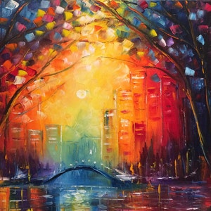 sunset city wall art , trees autumn, abstract oil painting Radiance by us artist Greg Gilreath image 1